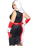 Cruella de Vil, costume dress, faux fur, high slit, belt, XL to 4XL